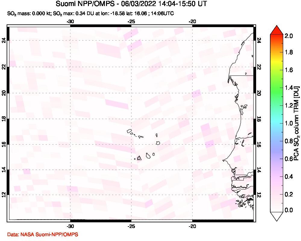 A sulfur dioxide image over Cape Verde Islands on Jun 03, 2022.