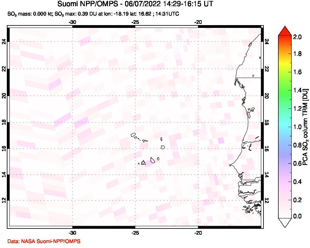 A sulfur dioxide image over Cape Verde Islands on Jun 07, 2022.