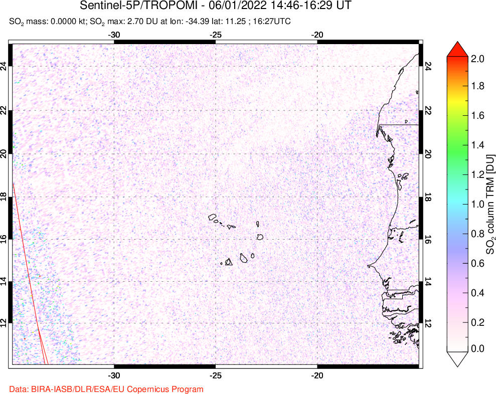 A sulfur dioxide image over Cape Verde Islands on Jun 01, 2022.