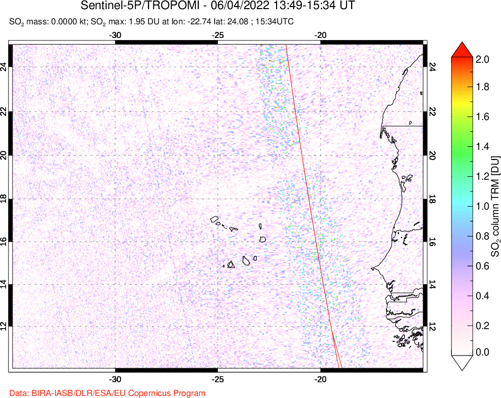 A sulfur dioxide image over Cape Verde Islands on Jun 04, 2022.