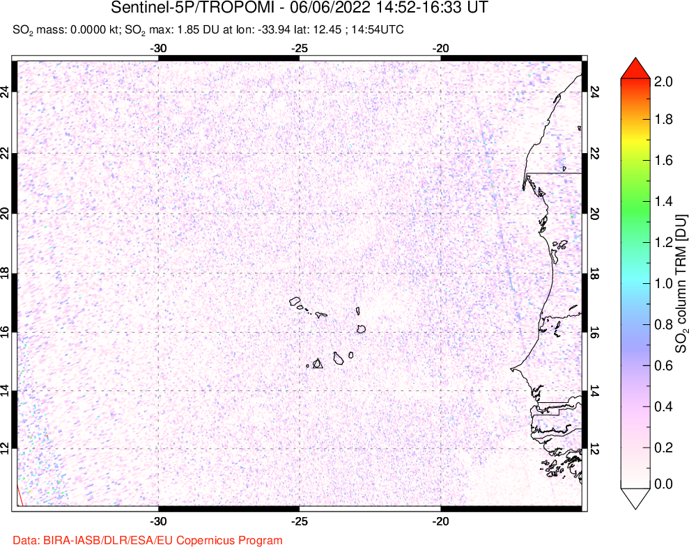 A sulfur dioxide image over Cape Verde Islands on Jun 06, 2022.