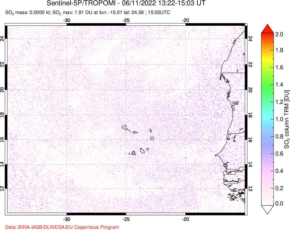 A sulfur dioxide image over Cape Verde Islands on Jun 11, 2022.