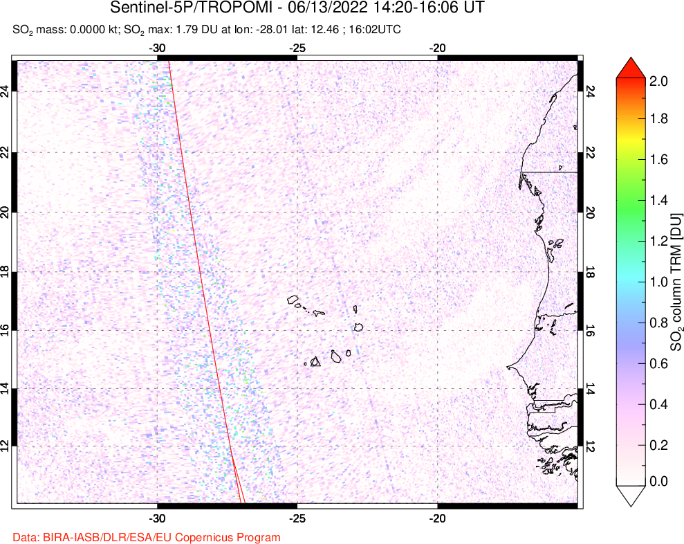 A sulfur dioxide image over Cape Verde Islands on Jun 13, 2022.