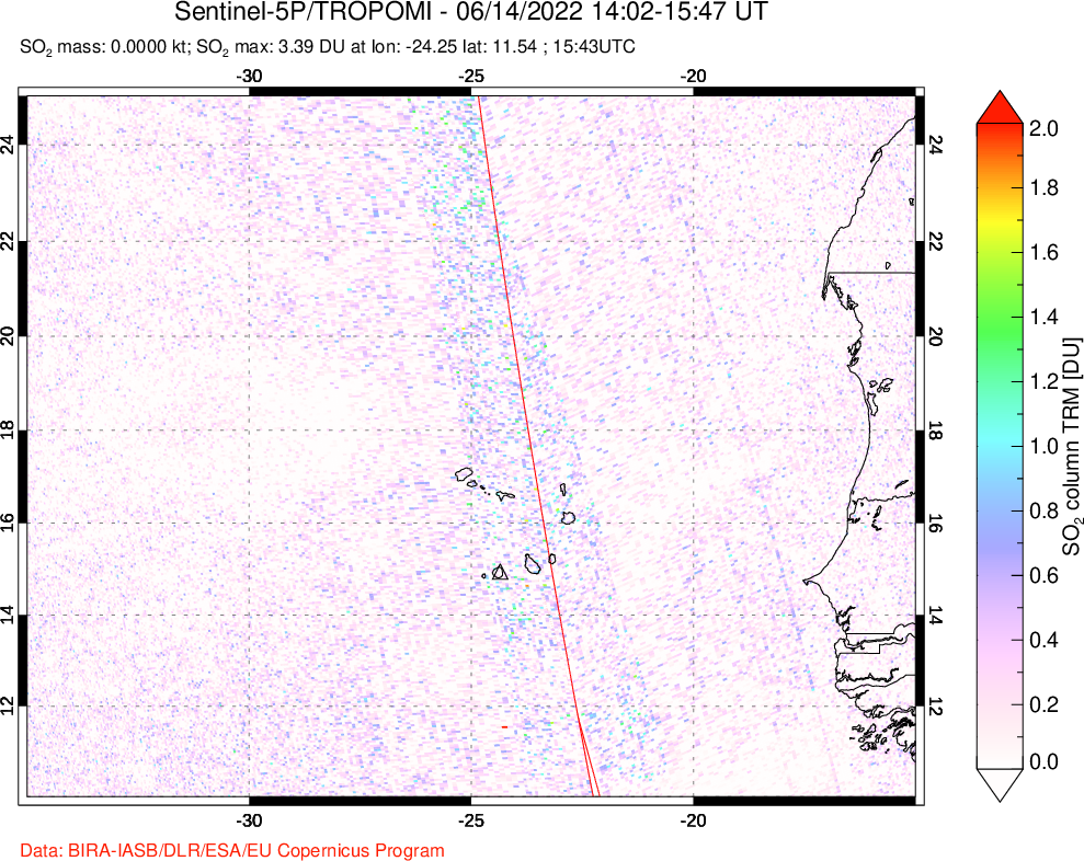 A sulfur dioxide image over Cape Verde Islands on Jun 14, 2022.