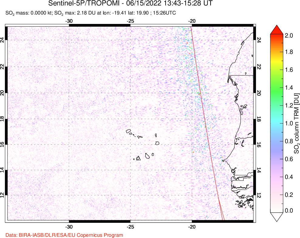 A sulfur dioxide image over Cape Verde Islands on Jun 15, 2022.