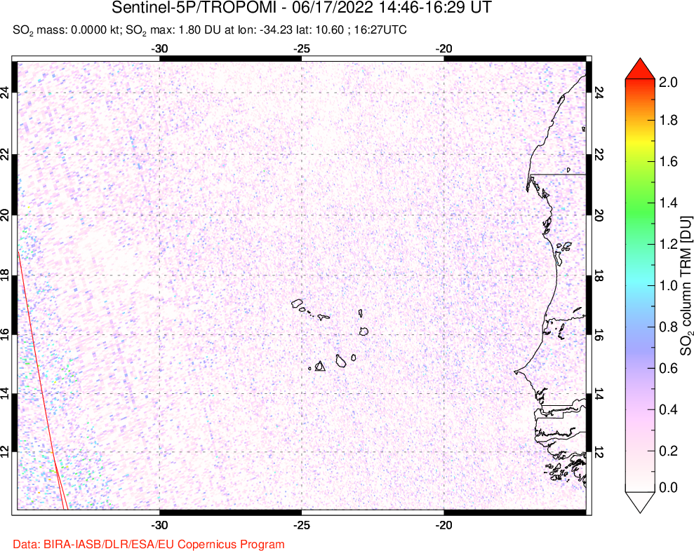 A sulfur dioxide image over Cape Verde Islands on Jun 17, 2022.