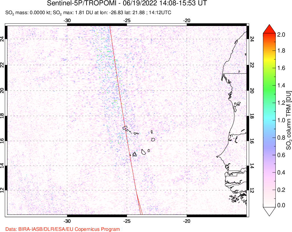 A sulfur dioxide image over Cape Verde Islands on Jun 19, 2022.
