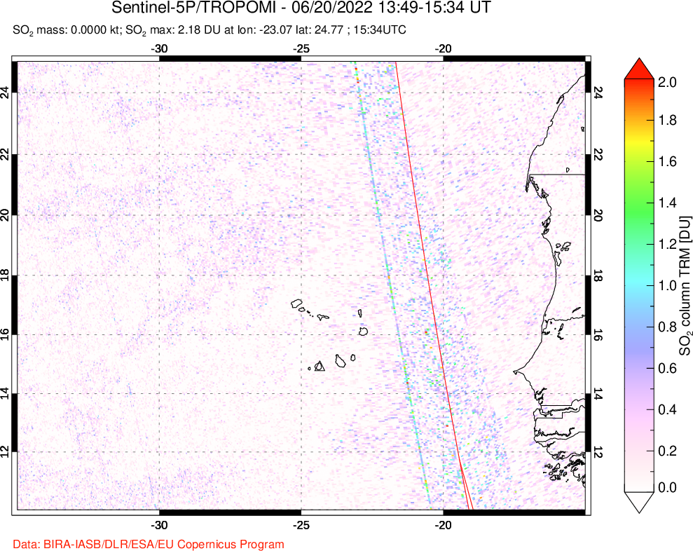 A sulfur dioxide image over Cape Verde Islands on Jun 20, 2022.