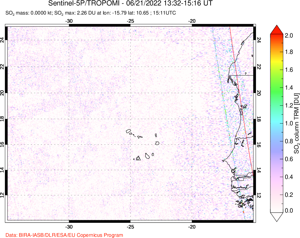 A sulfur dioxide image over Cape Verde Islands on Jun 21, 2022.