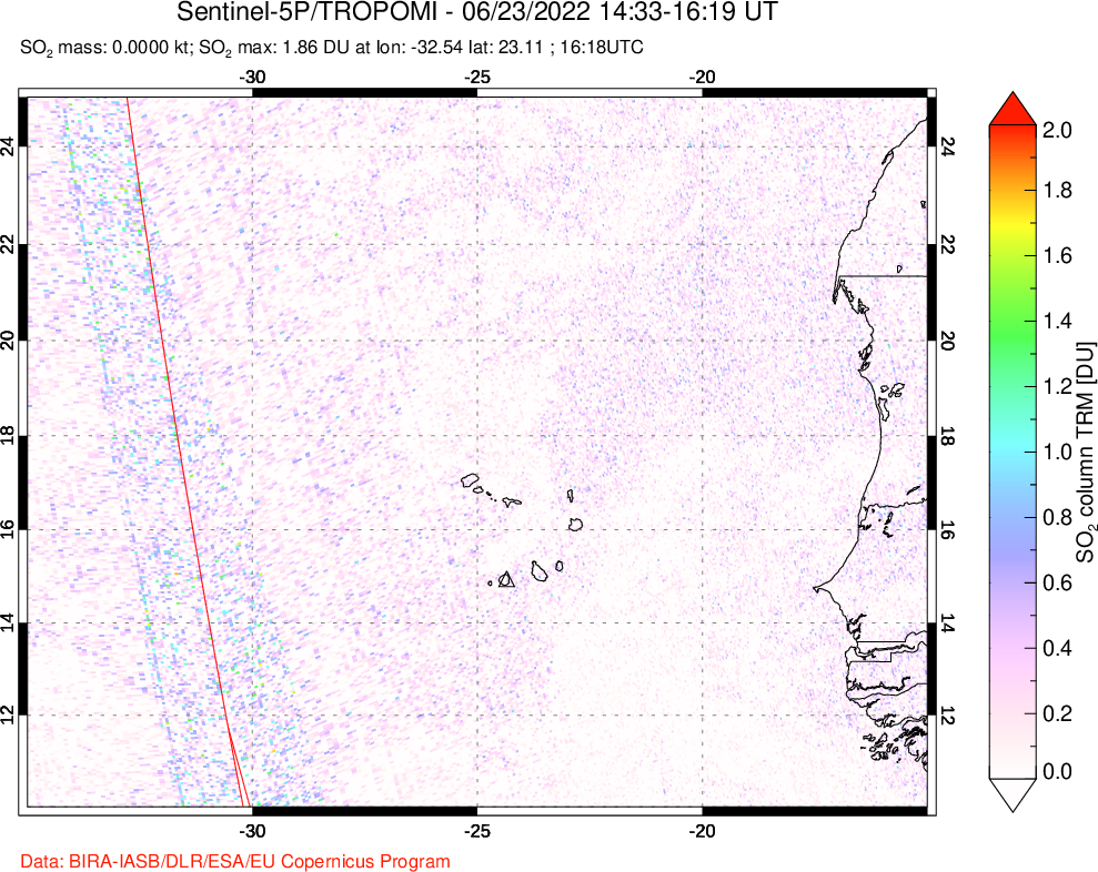 A sulfur dioxide image over Cape Verde Islands on Jun 23, 2022.