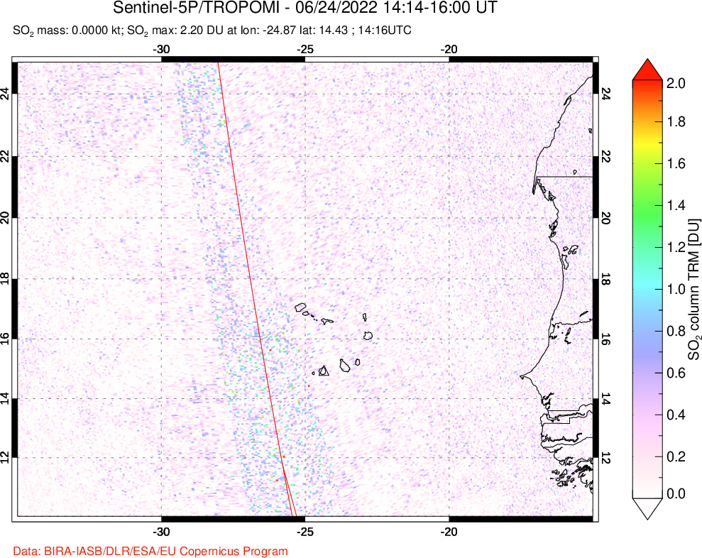 A sulfur dioxide image over Cape Verde Islands on Jun 24, 2022.