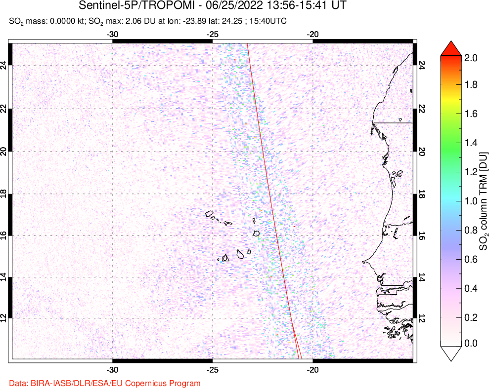 A sulfur dioxide image over Cape Verde Islands on Jun 25, 2022.