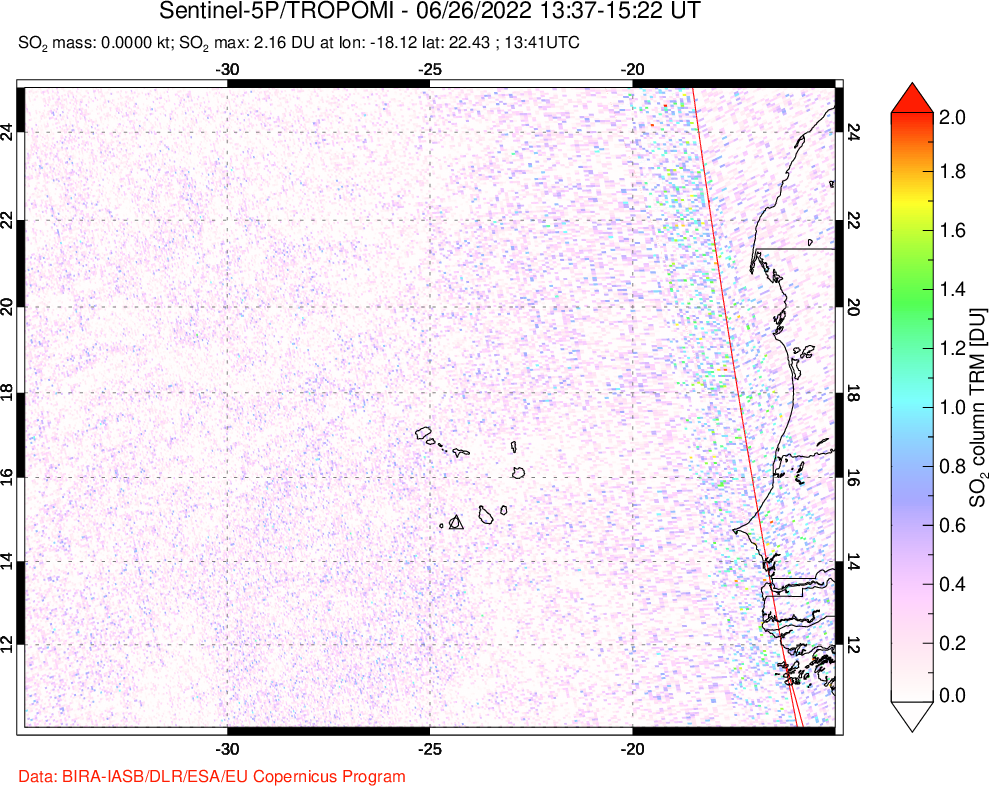 A sulfur dioxide image over Cape Verde Islands on Jun 26, 2022.