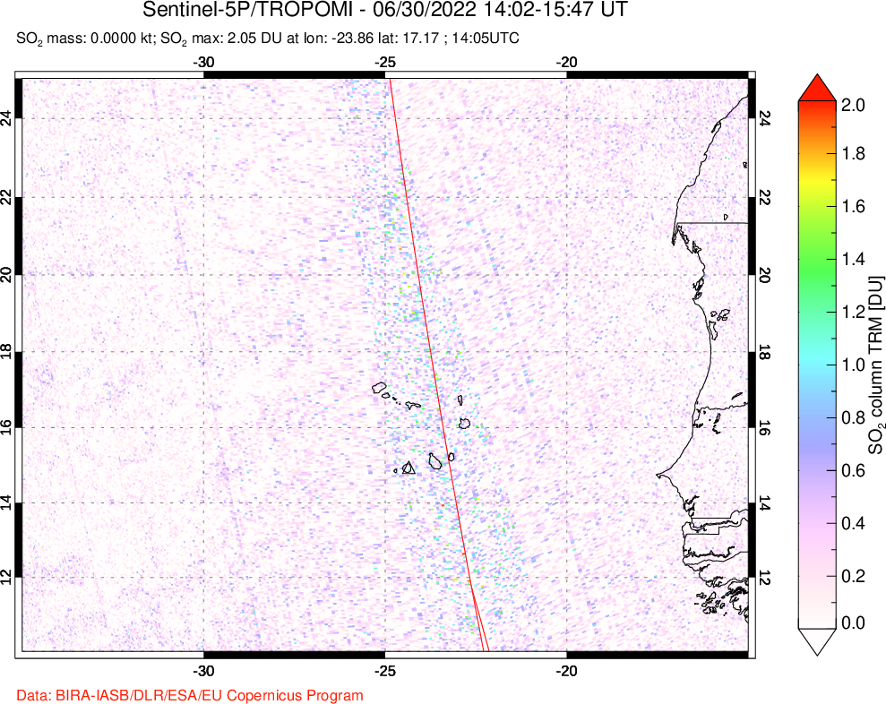 A sulfur dioxide image over Cape Verde Islands on Jun 30, 2022.