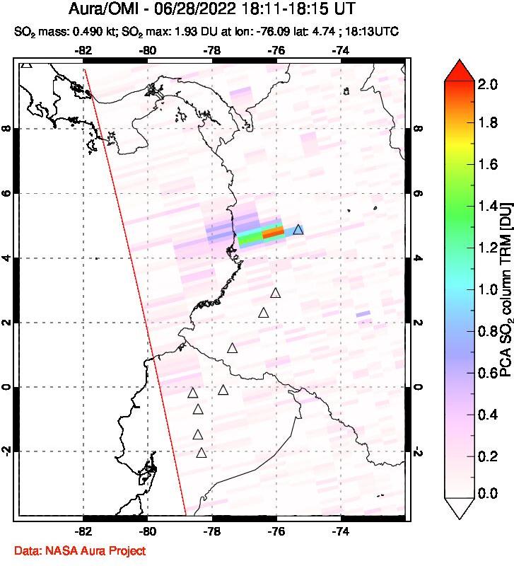 A sulfur dioxide image over Ecuador on Jun 28, 2022.