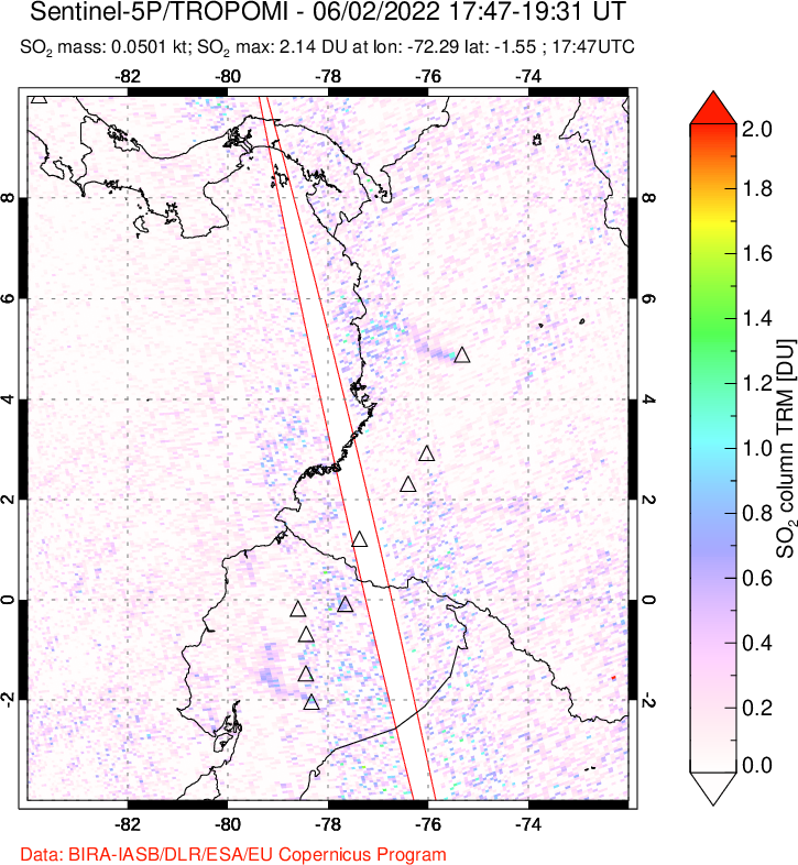 A sulfur dioxide image over Ecuador on Jun 02, 2022.