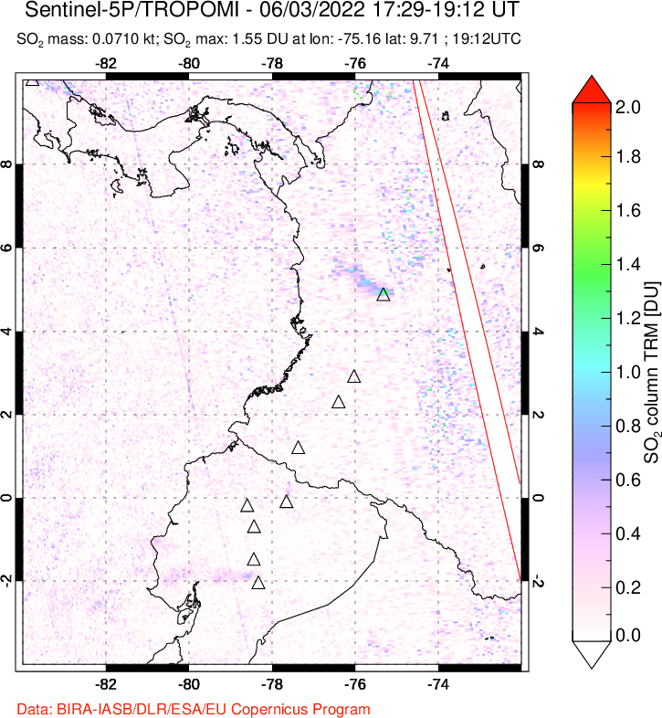 A sulfur dioxide image over Ecuador on Jun 03, 2022.