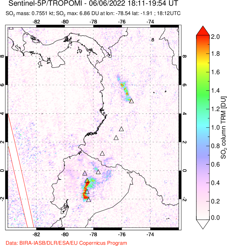 A sulfur dioxide image over Ecuador on Jun 06, 2022.
