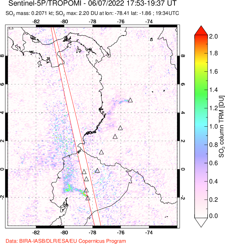 A sulfur dioxide image over Ecuador on Jun 07, 2022.