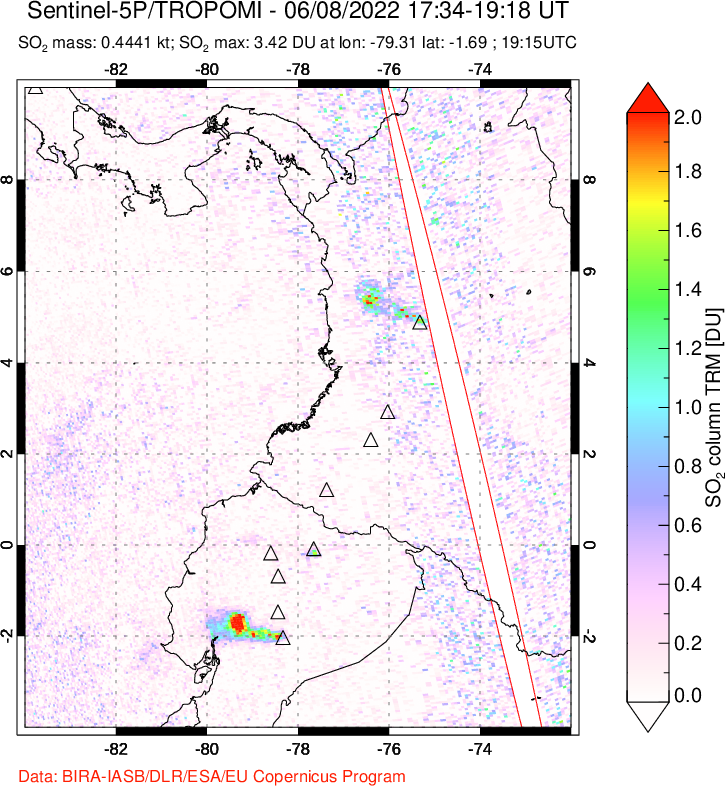 A sulfur dioxide image over Ecuador on Jun 08, 2022.