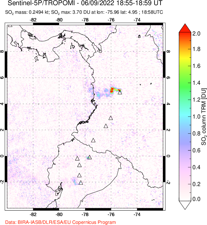 A sulfur dioxide image over Ecuador on Jun 09, 2022.