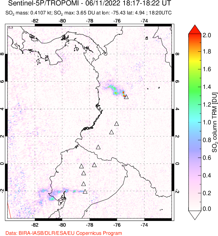 A sulfur dioxide image over Ecuador on Jun 11, 2022.