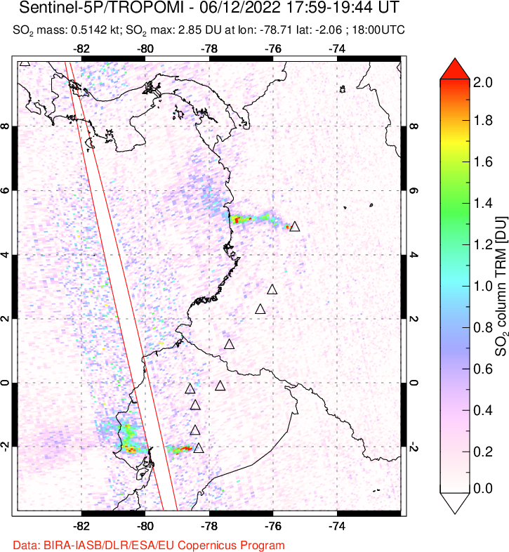 A sulfur dioxide image over Ecuador on Jun 12, 2022.
