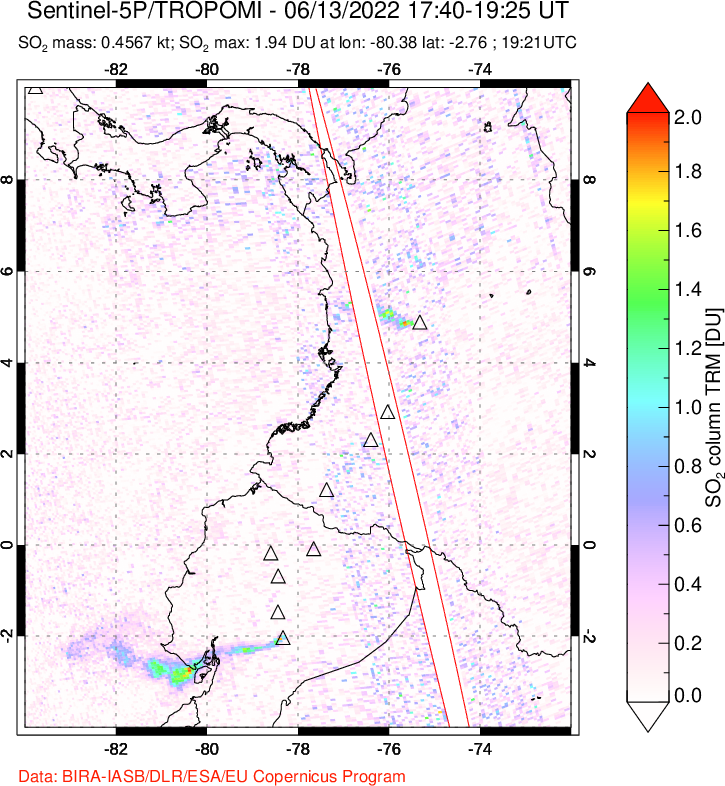 A sulfur dioxide image over Ecuador on Jun 13, 2022.
