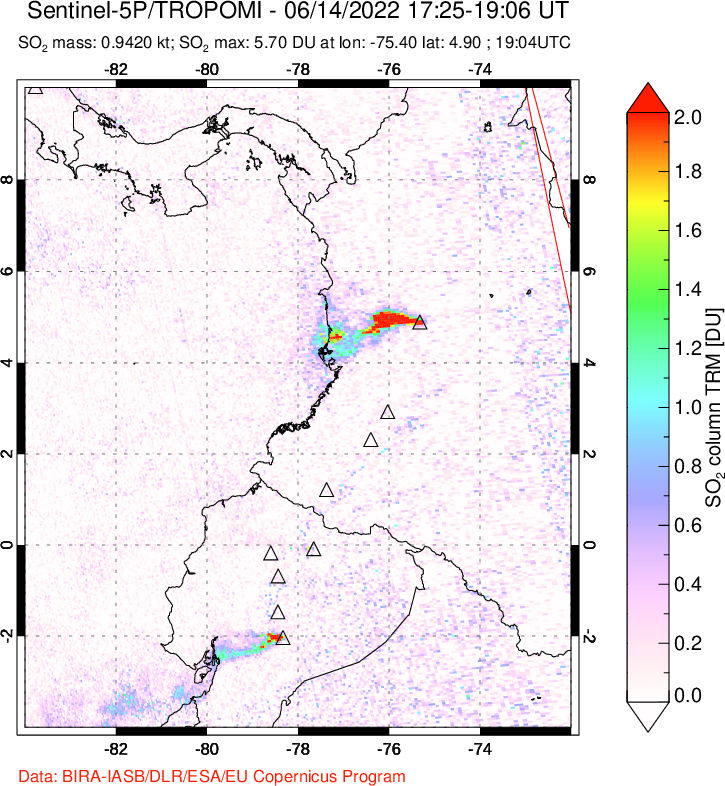 A sulfur dioxide image over Ecuador on Jun 14, 2022.