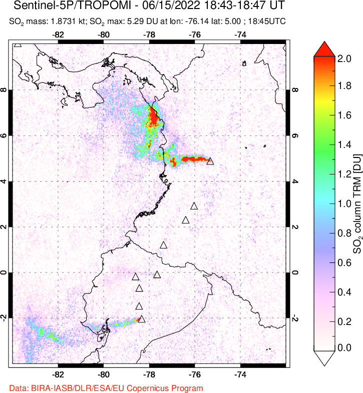 A sulfur dioxide image over Ecuador on Jun 15, 2022.