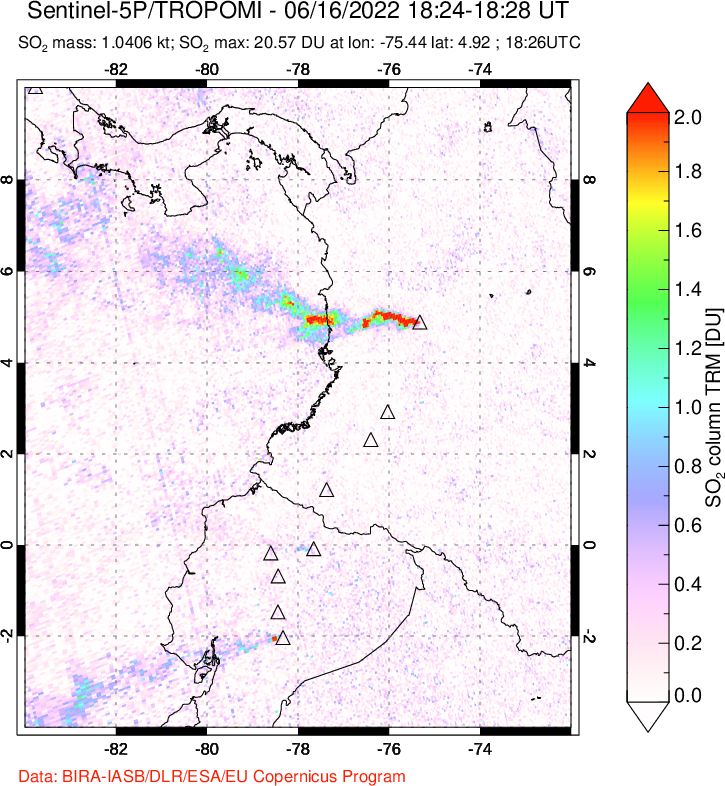 A sulfur dioxide image over Ecuador on Jun 16, 2022.