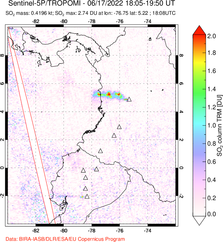 A sulfur dioxide image over Ecuador on Jun 17, 2022.
