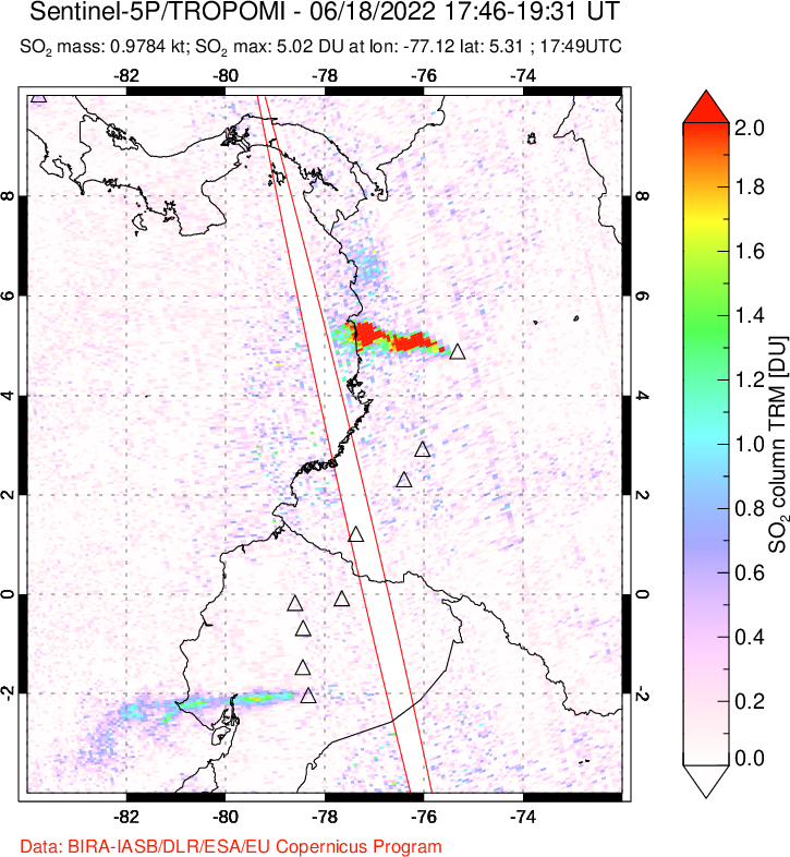 A sulfur dioxide image over Ecuador on Jun 18, 2022.