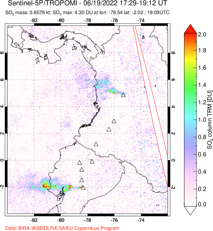 A sulfur dioxide image over Ecuador on Jun 19, 2022.