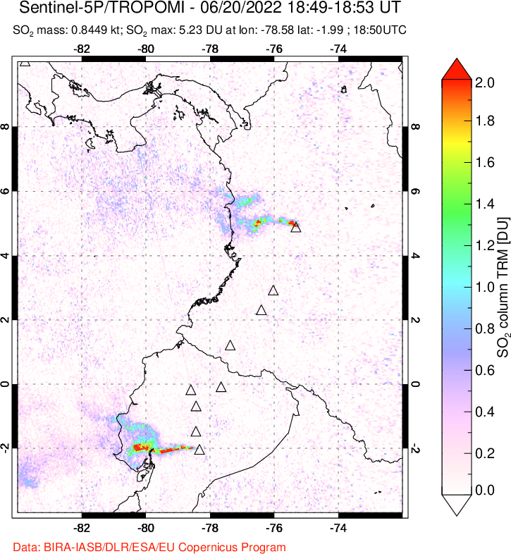 A sulfur dioxide image over Ecuador on Jun 20, 2022.