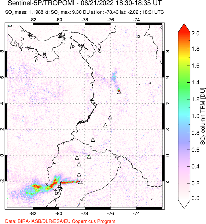 A sulfur dioxide image over Ecuador on Jun 21, 2022.
