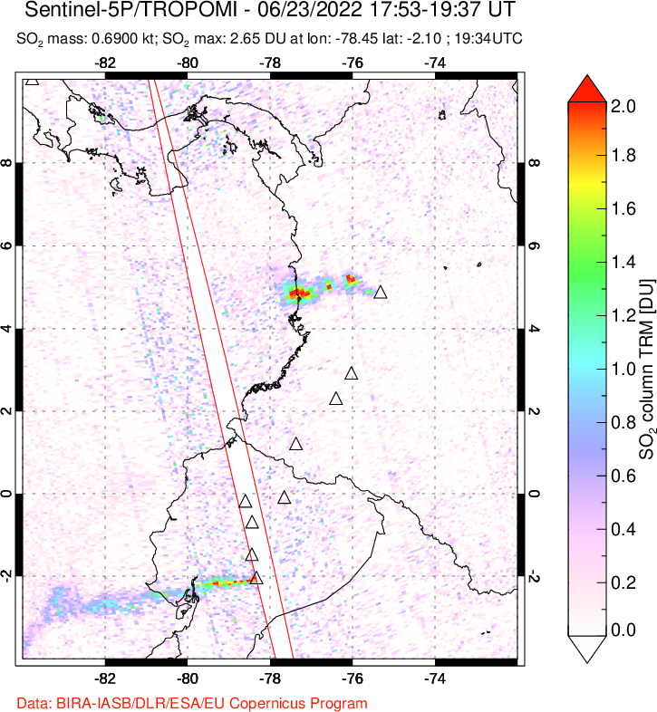 A sulfur dioxide image over Ecuador on Jun 23, 2022.