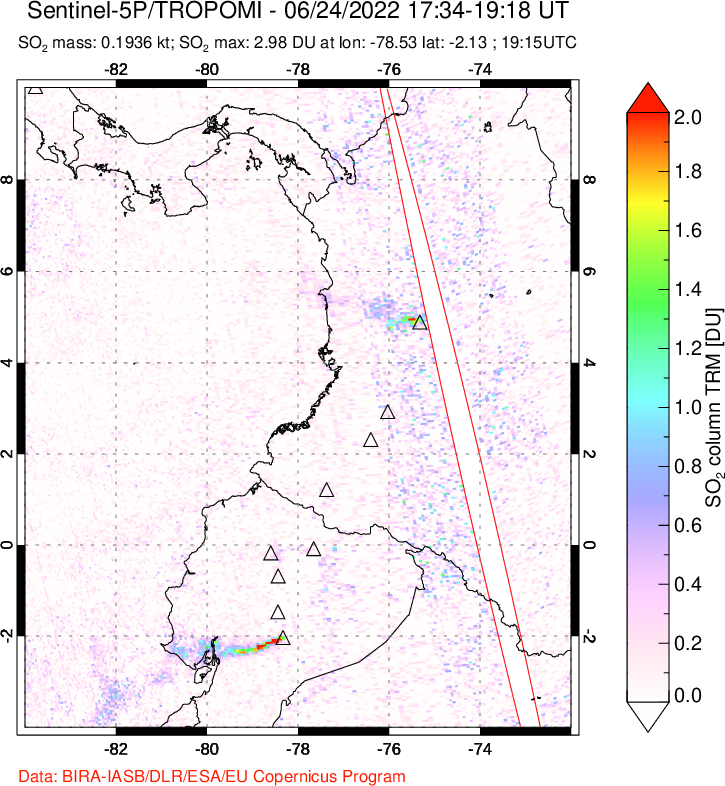 A sulfur dioxide image over Ecuador on Jun 24, 2022.