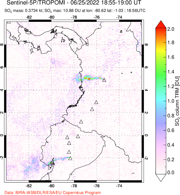 A sulfur dioxide image over Ecuador on Jun 25, 2022.