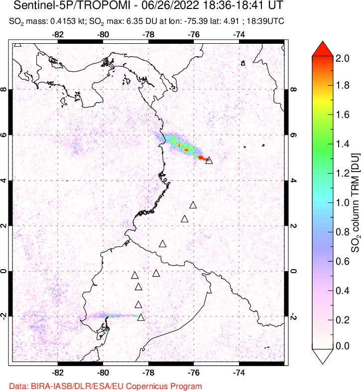 A sulfur dioxide image over Ecuador on Jun 26, 2022.
