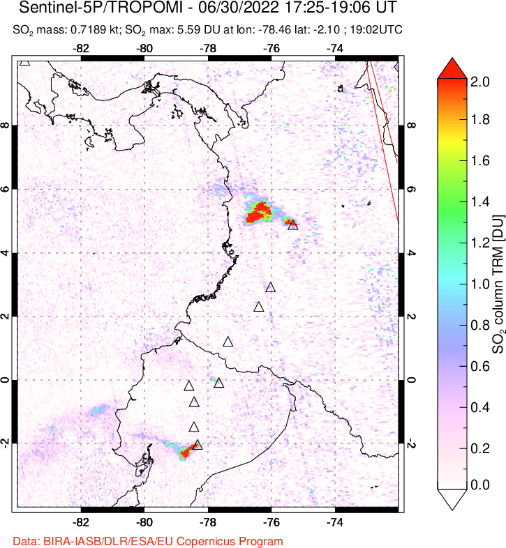 A sulfur dioxide image over Ecuador on Jun 30, 2022.
