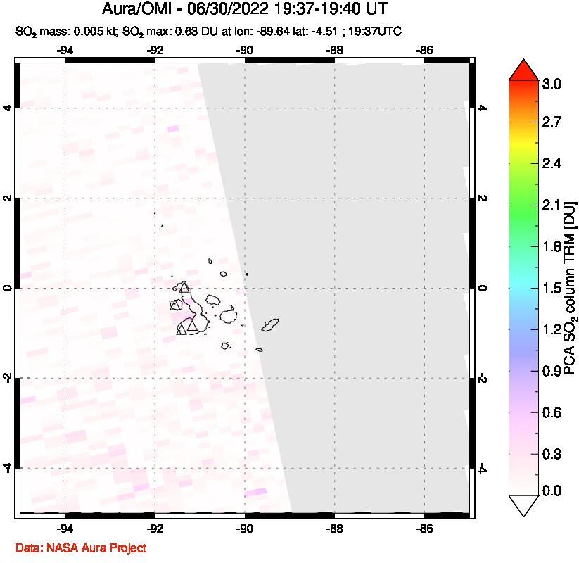 A sulfur dioxide image over Galápagos Islands on Jun 30, 2022.