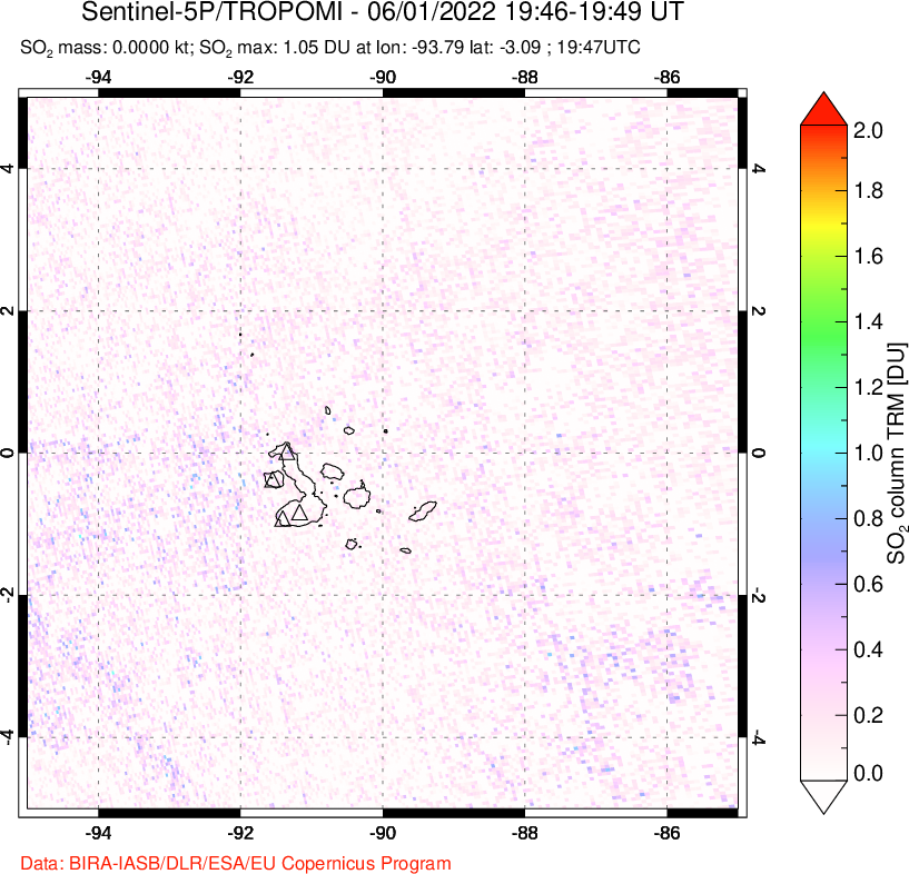 A sulfur dioxide image over Galápagos Islands on Jun 01, 2022.