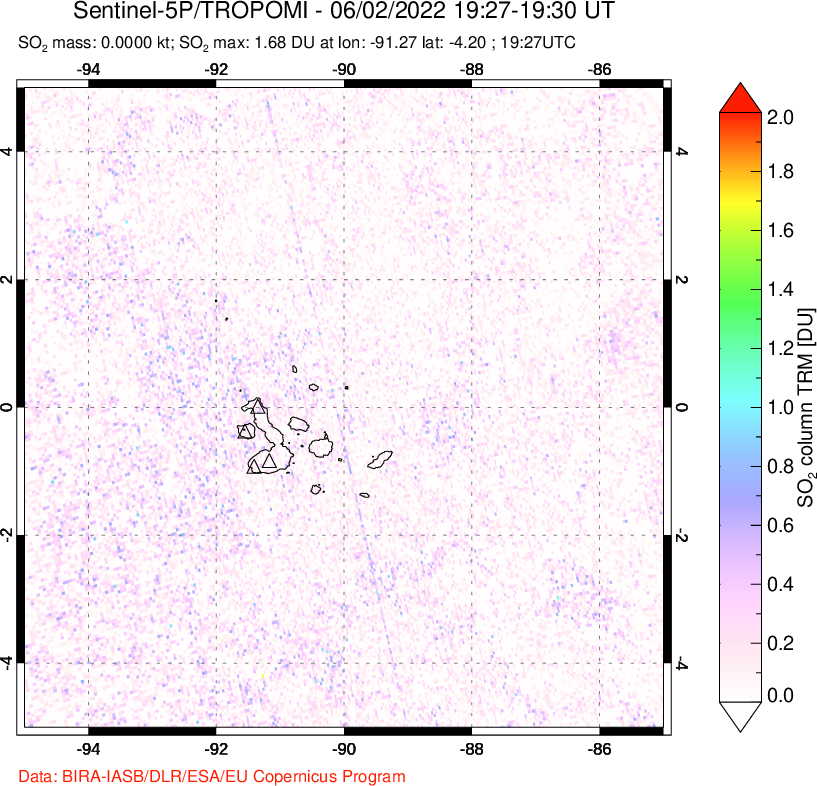 A sulfur dioxide image over Galápagos Islands on Jun 02, 2022.