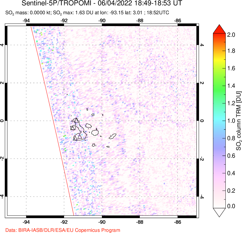 A sulfur dioxide image over Galápagos Islands on Jun 04, 2022.