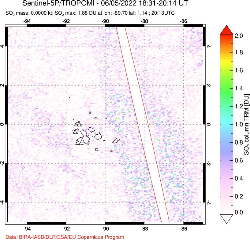 A sulfur dioxide image over Galápagos Islands on Jun 05, 2022.