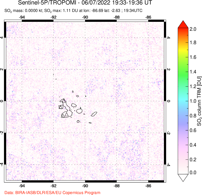 A sulfur dioxide image over Galápagos Islands on Jun 07, 2022.