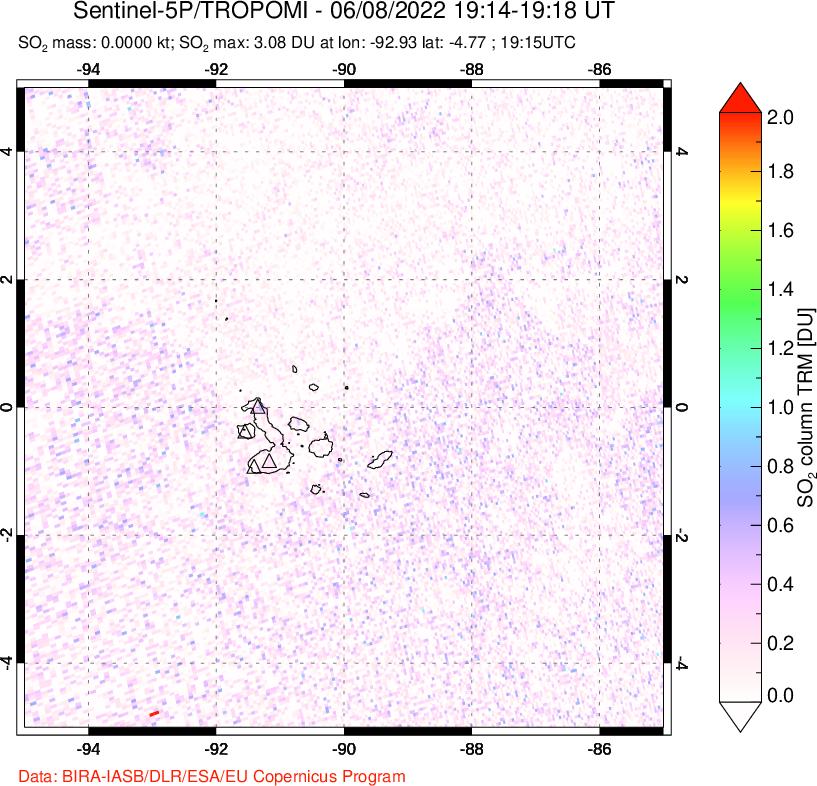 A sulfur dioxide image over Galápagos Islands on Jun 08, 2022.