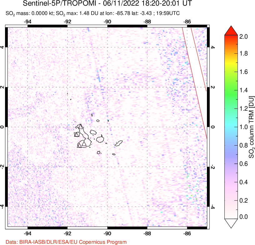 A sulfur dioxide image over Galápagos Islands on Jun 11, 2022.