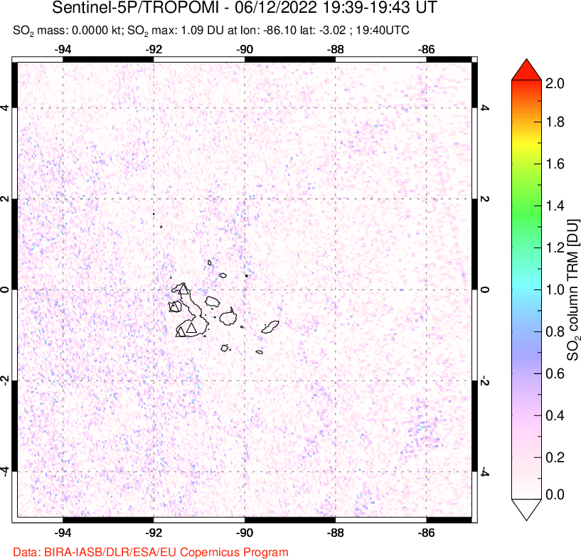A sulfur dioxide image over Galápagos Islands on Jun 12, 2022.